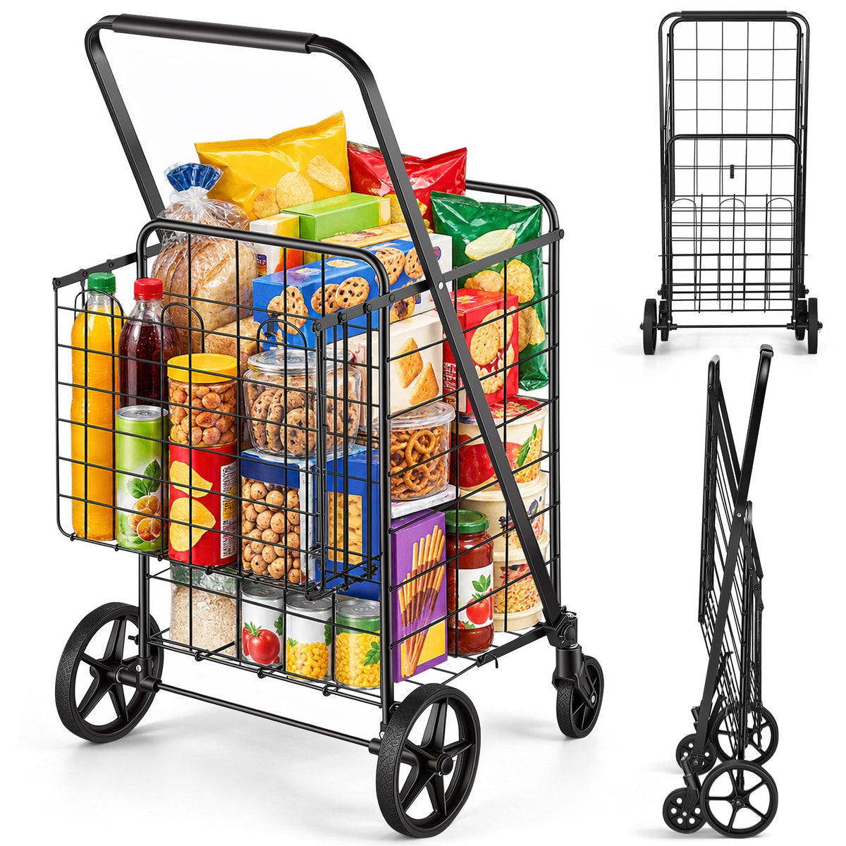 VEVOR Laundry Cart with Wheels, Heavy Duty Wire Laundry Basket Cart, Rolling Laundry Hamper with Hanging Garment Rack and Folding Shopping Cart for Laundry Room, Home and Commercial Use Folding Shopping Cart, Jumbo Double Baskets