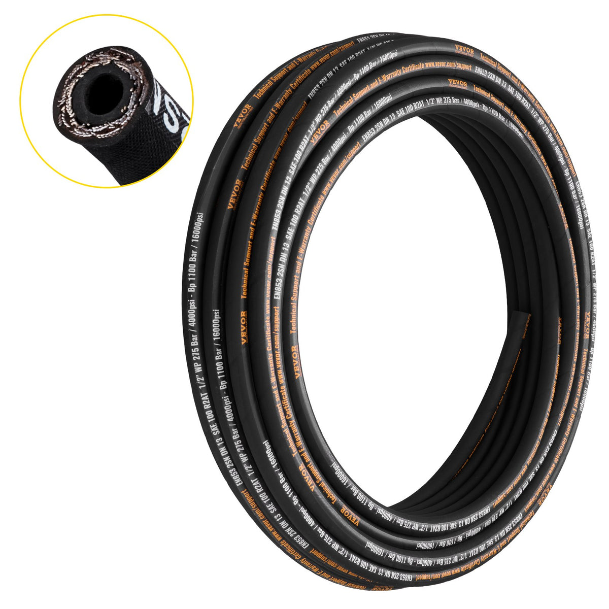 VEVOR Hydraulic Hose, Coiled Rubber Hydraulic Hose with 2 High-Tensile Steel Wire Braid for Construction and Agriculture 1/2 in / 100 ft