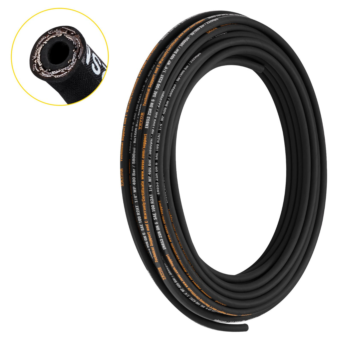 VEVOR Hydraulic Hose, Coiled Rubber Hydraulic Hose with 2 High-Tensile Steel Wire Braid for Construction and Agriculture 1/4 in / 100 ft