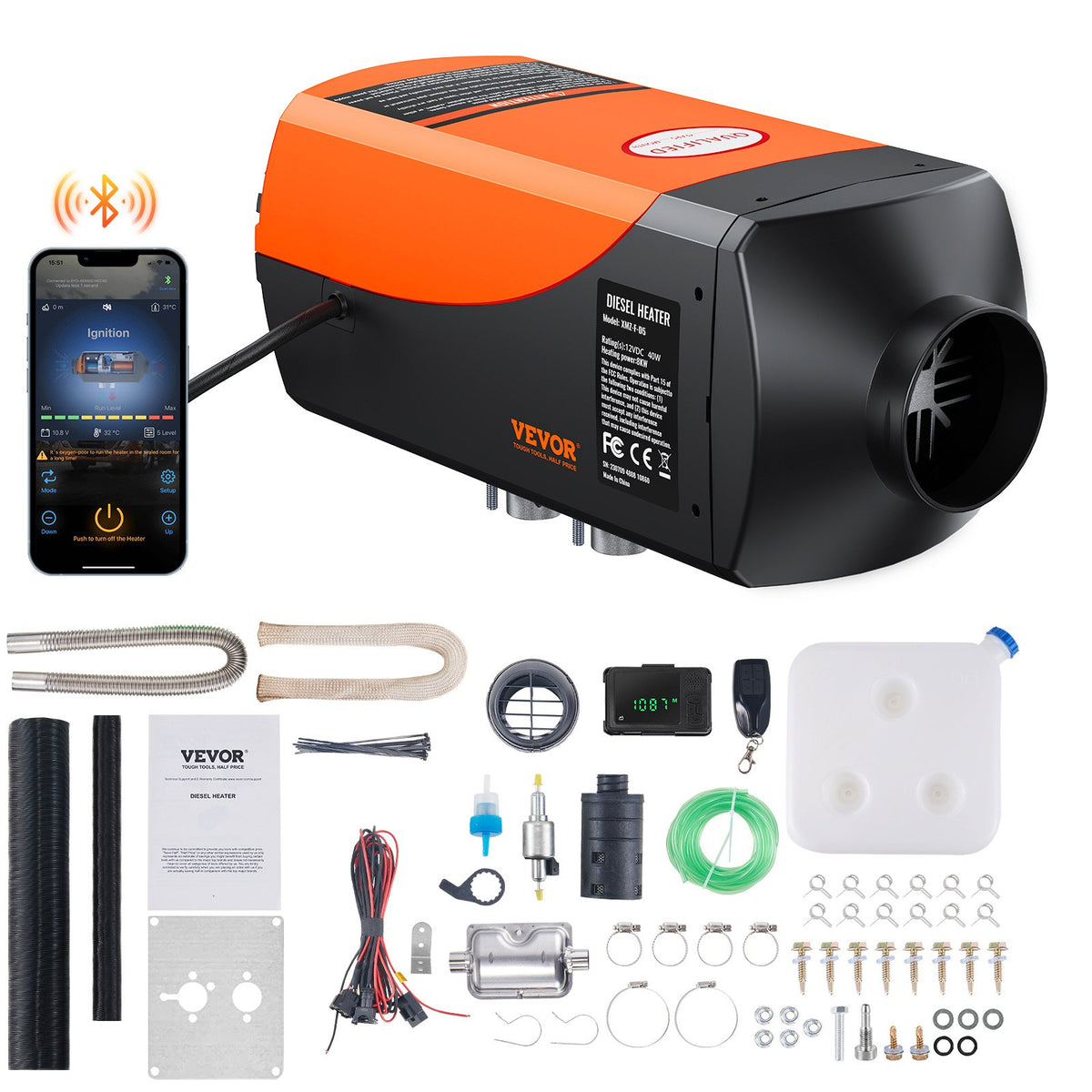VEVOR Diesel Air Heater 8 kW / Bluetooth App, Automatic Altitude Adjustment, Black