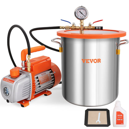 VEVOR Vacuum Chamber Kit, 1.5-5 Gal Stainless Steel Degassin Single-Stage Pro/3 CFM / 5 Gal