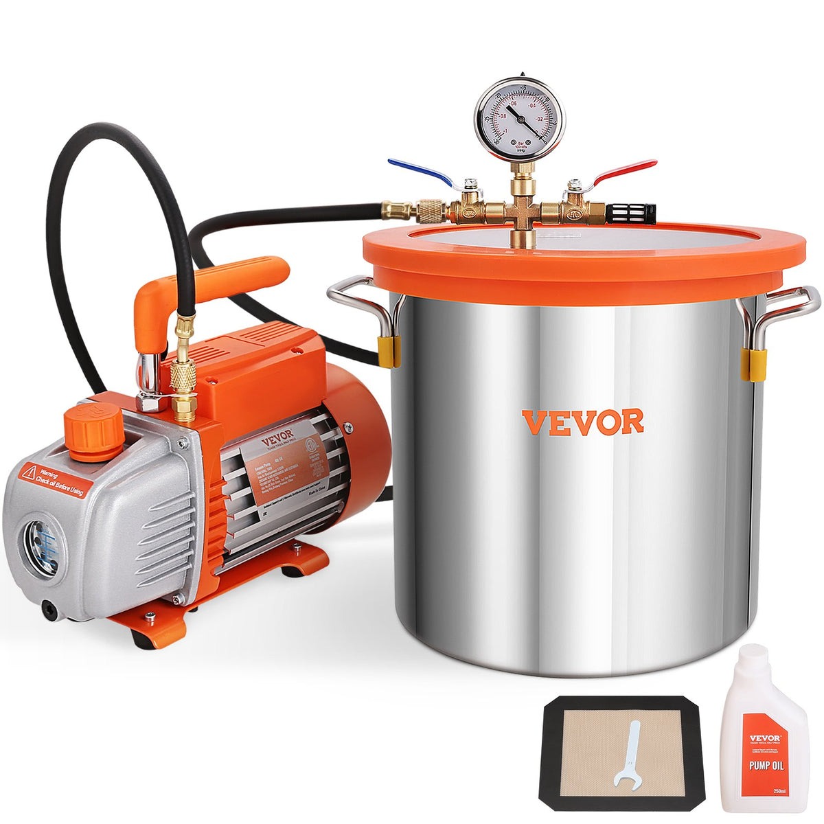 VEVOR Vacuum Chamber Kit, 1.5-5 Gal Stainless Steel Degassin Single-Stage Pro/3.5 CFM / 3 Gal