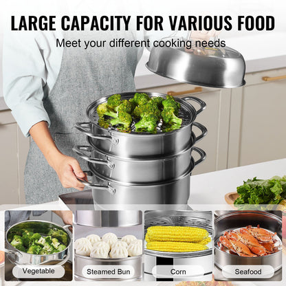 VEVOR 28 cm Stackable Stainless Steel Steamer Pot Set with Glass Lid - view 2