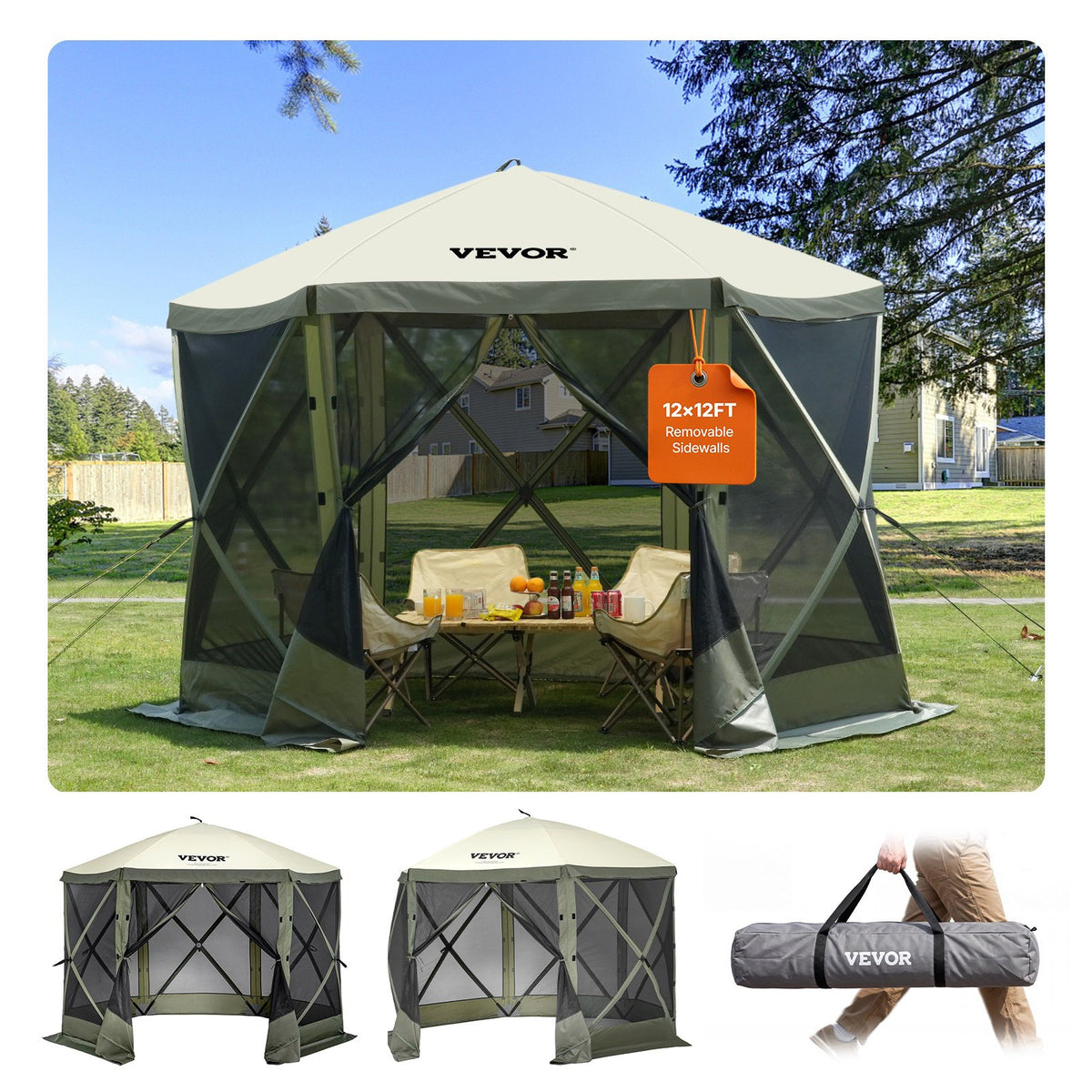 VEVOR Pop Up Gazebo Tent, Pop-Up Screen Canopy Sun Shelter w Green / 10 x 10 ft