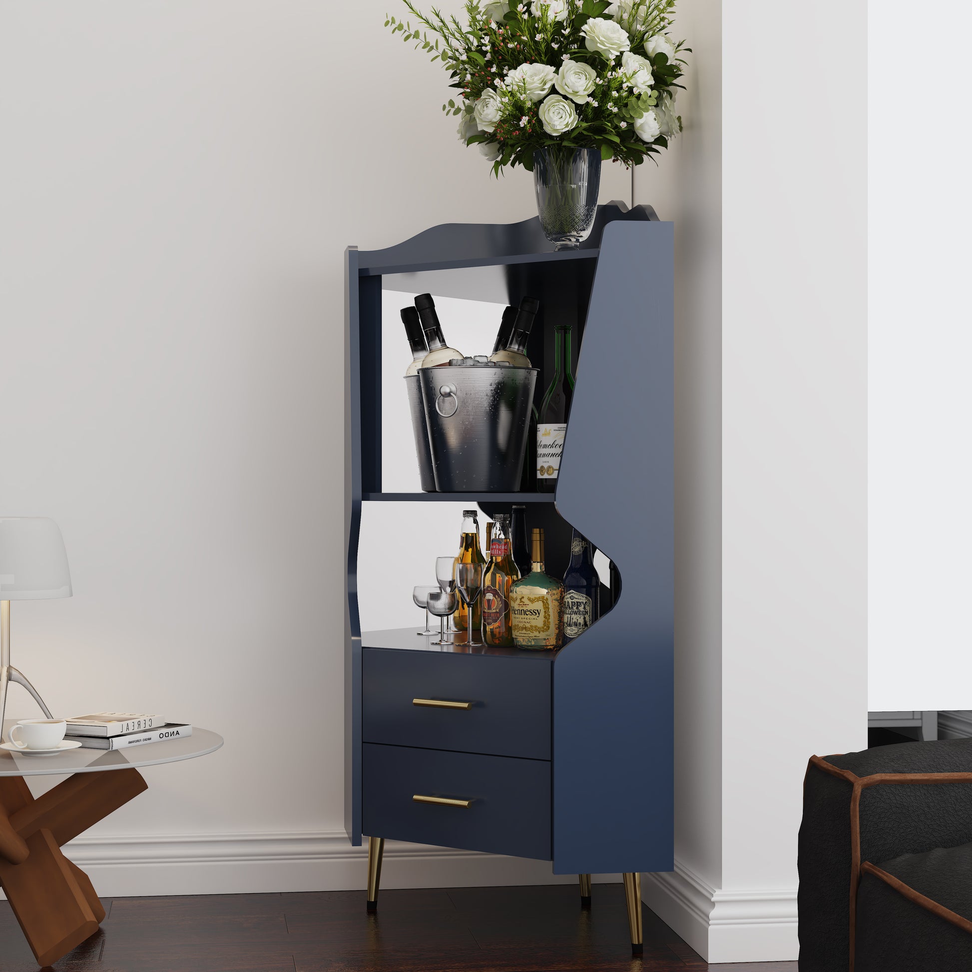 Wooden Corner bar cabinet with 2 open storage shelves and 2 drawers, mirrored back sideboard cabinet, high feet/legs for easy cleaning, buffet cabinet BLUE image 4