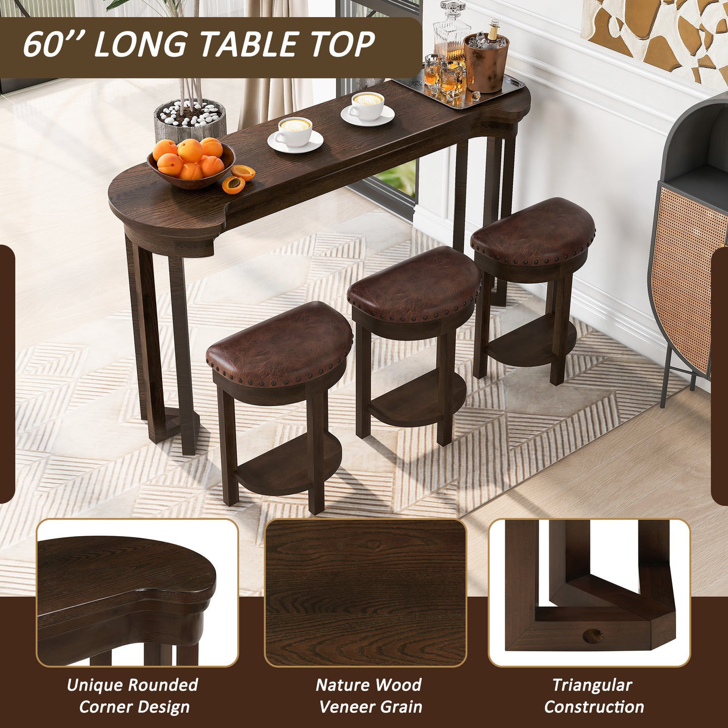 4 Piece Bar Table Set with3 PU Upholstered Bar Stools, Breakfast Table with 3 Padded Stools Solid Wood Counter Height Dining Table Set for Living Room, Dining Room. Espresso image 5