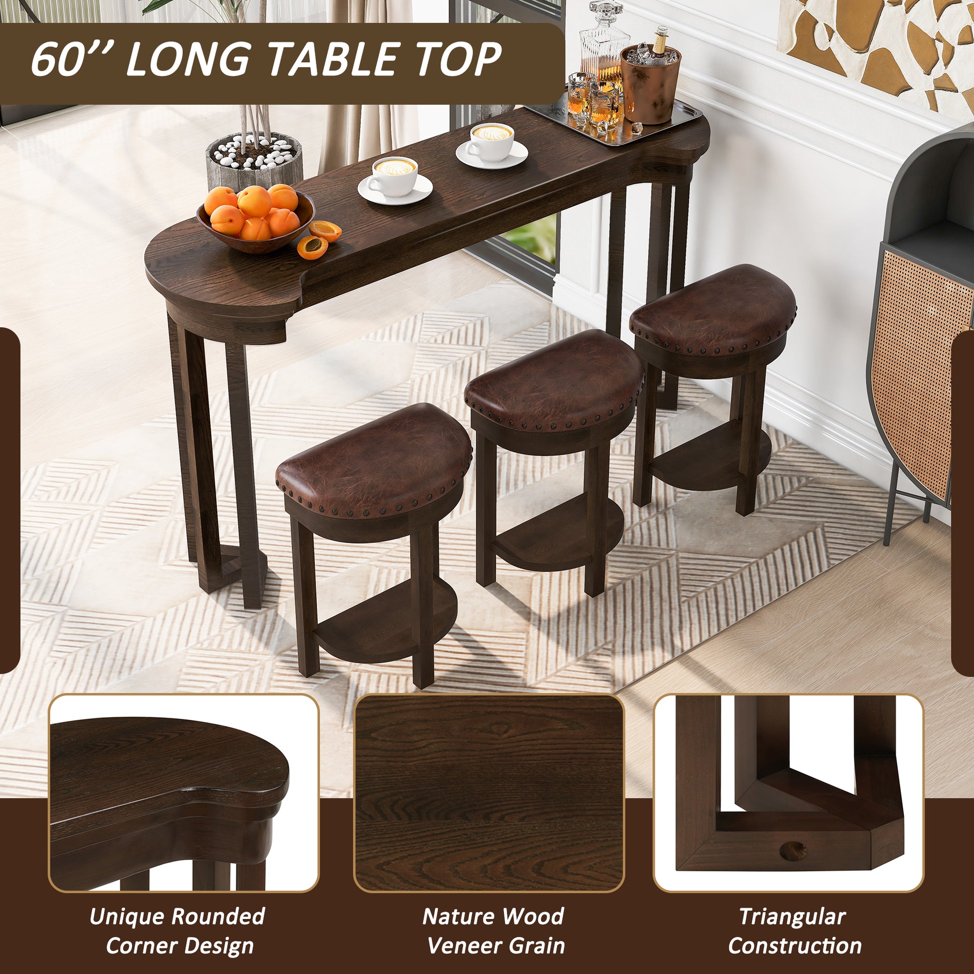4 Piece Bar Table Set with3 PU Upholstered Bar Stools, Breakfast Table with 3 Padded Stools Solid Wood Counter Height Dining Table Set for Living Room, Dining Room. Espresso image 5