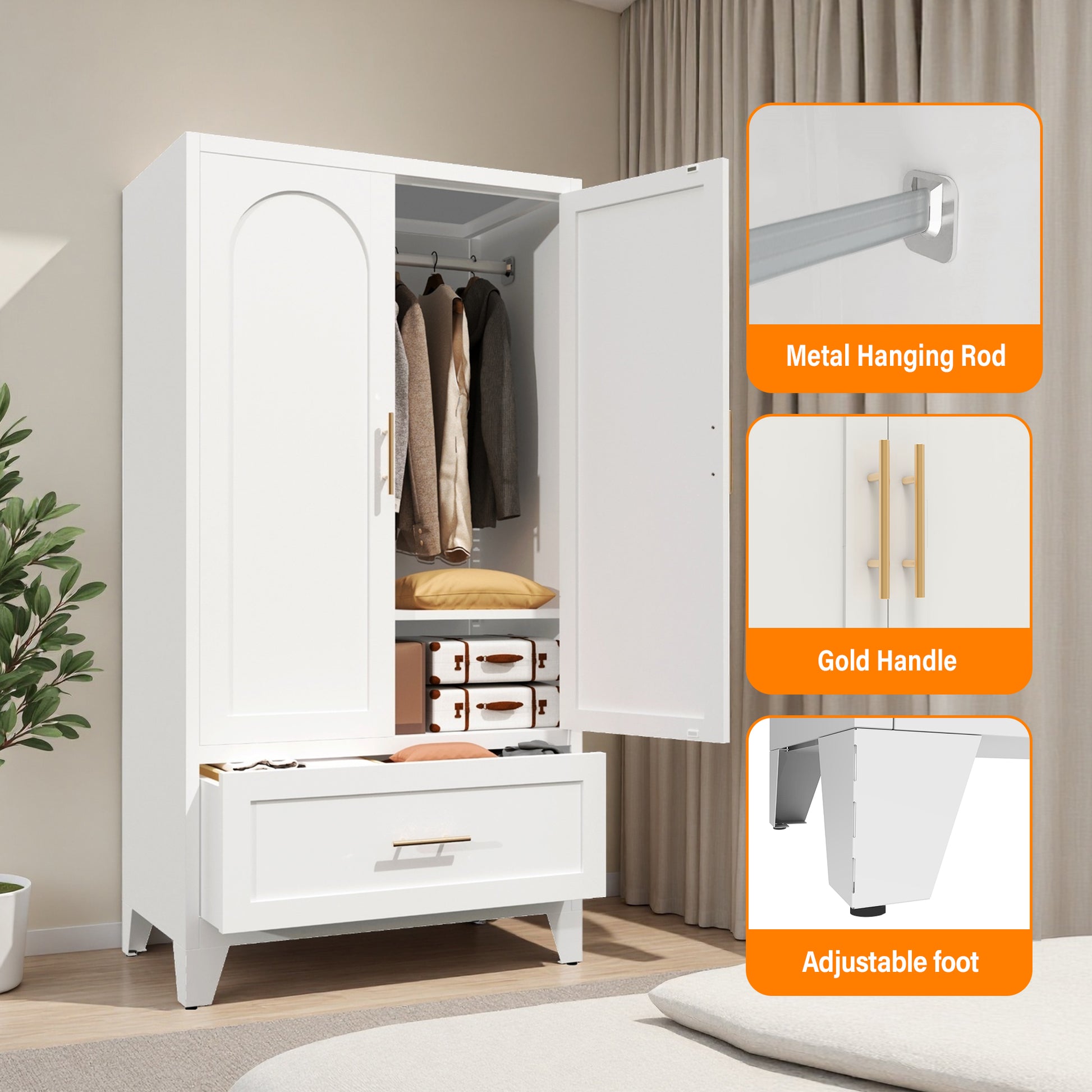 60" Tall Metal Wardrobe Cabinet with 1 Drawer and Hanging Rod, 2 Doors Wardrobe Closet with Shelf for Bedroom, Office, Laundry Room,Entryway,Foyer,Guesthouse (White) image 4