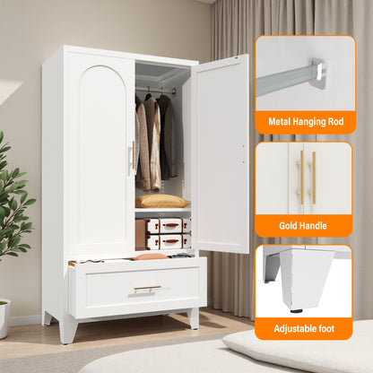 60" Tall Metal Wardrobe Cabinet with 1 Drawer and Hanging Rod, 2 Doors Wardrobe Closet with Shelf for Bedroom, Office, Laundry Room,Entryway,Foyer,Guesthouse (White) image 4