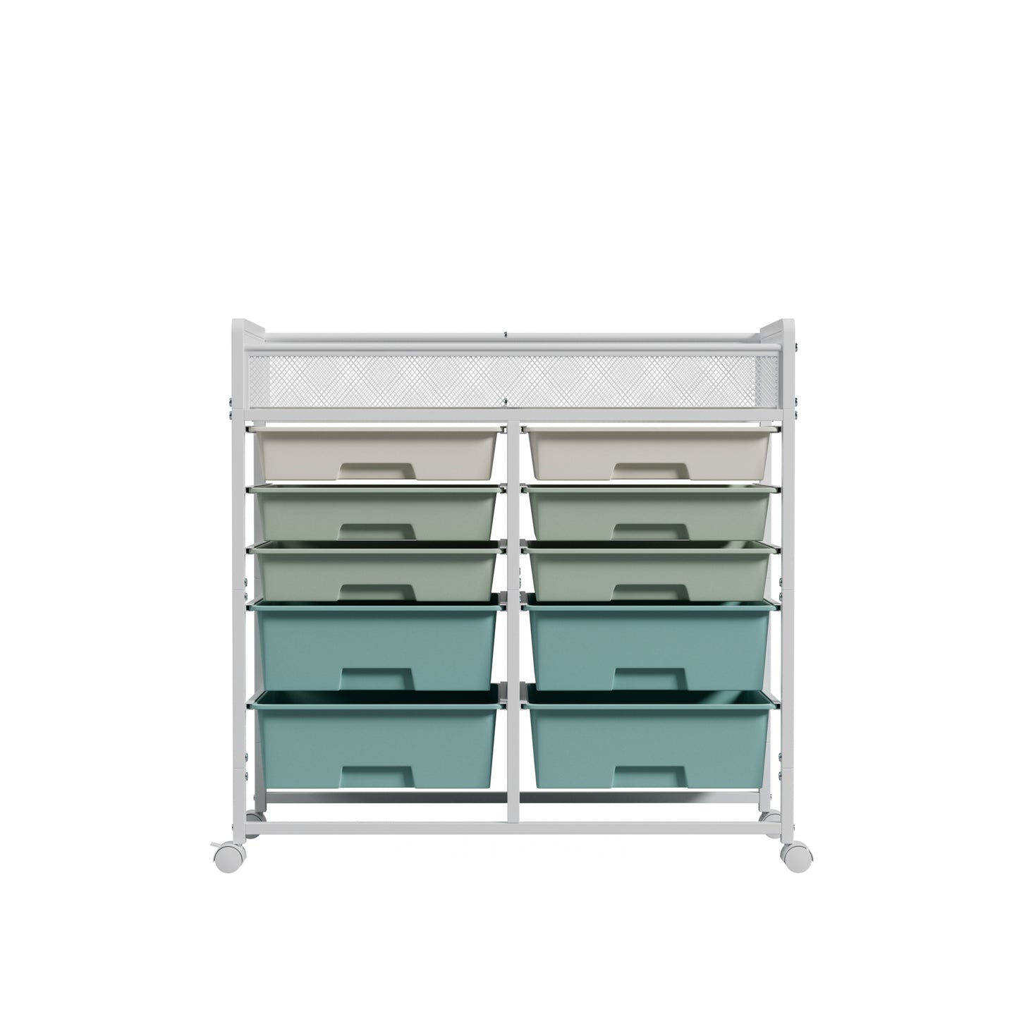 White Large Capacity 2-Row 10-Drawer Rolling Storage Cart, Metal Mesh Top Utility Organizer with Wheels, Multi-Layer Plastic Drawers for Kitchen, Bathroom, Bedroom, Office image 9