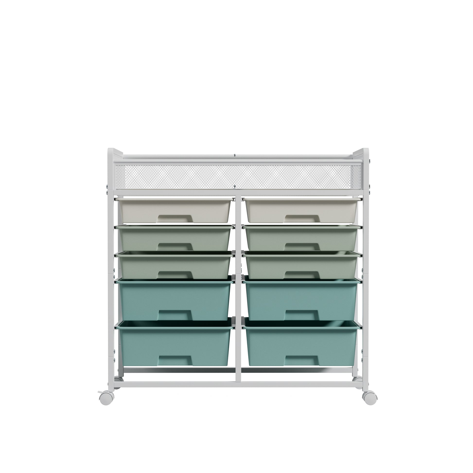 White Large Capacity 2-Row 10-Drawer Rolling Storage Cart, Metal Mesh Top Utility Organizer with Wheels, Multi-Layer Plastic Drawers for Kitchen, Bathroom, Bedroom, Office image 9