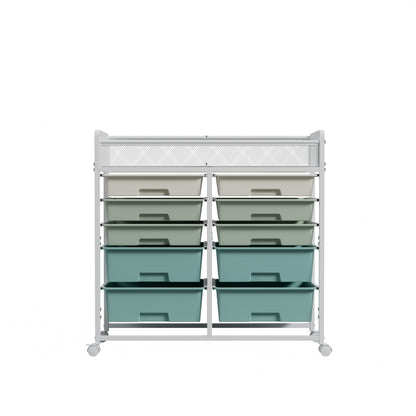 White Large Capacity 2-Row 10-Drawer Rolling Storage Cart, Metal Mesh Top Utility Organizer with Wheels, Multi-Layer Plastic Drawers for Kitchen, Bathroom, Bedroom, Office image 9
