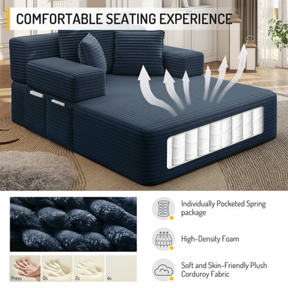 Luxurious Plush Corduroy Chaise Lounge with 3 Pillows, Convertible Sofa Bed with Storage Pocket, Frameless Design & Compression Foam for Small Spaces, Living Room, Apartment,Blue image 6