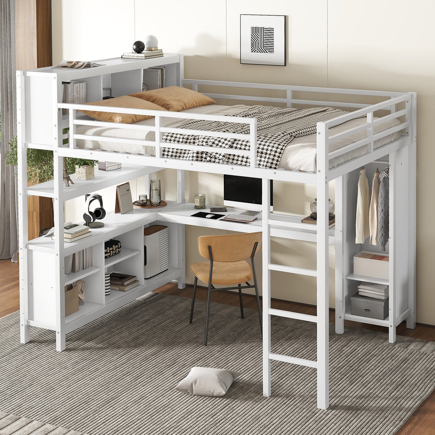Metal Loft Bed with Wardrobe And L-shaped Desk, Queen Size Loft Bed with Storage Cubes and Shelves, Heavy Duty Loft Bed for Kids Teens Adults, White image 2