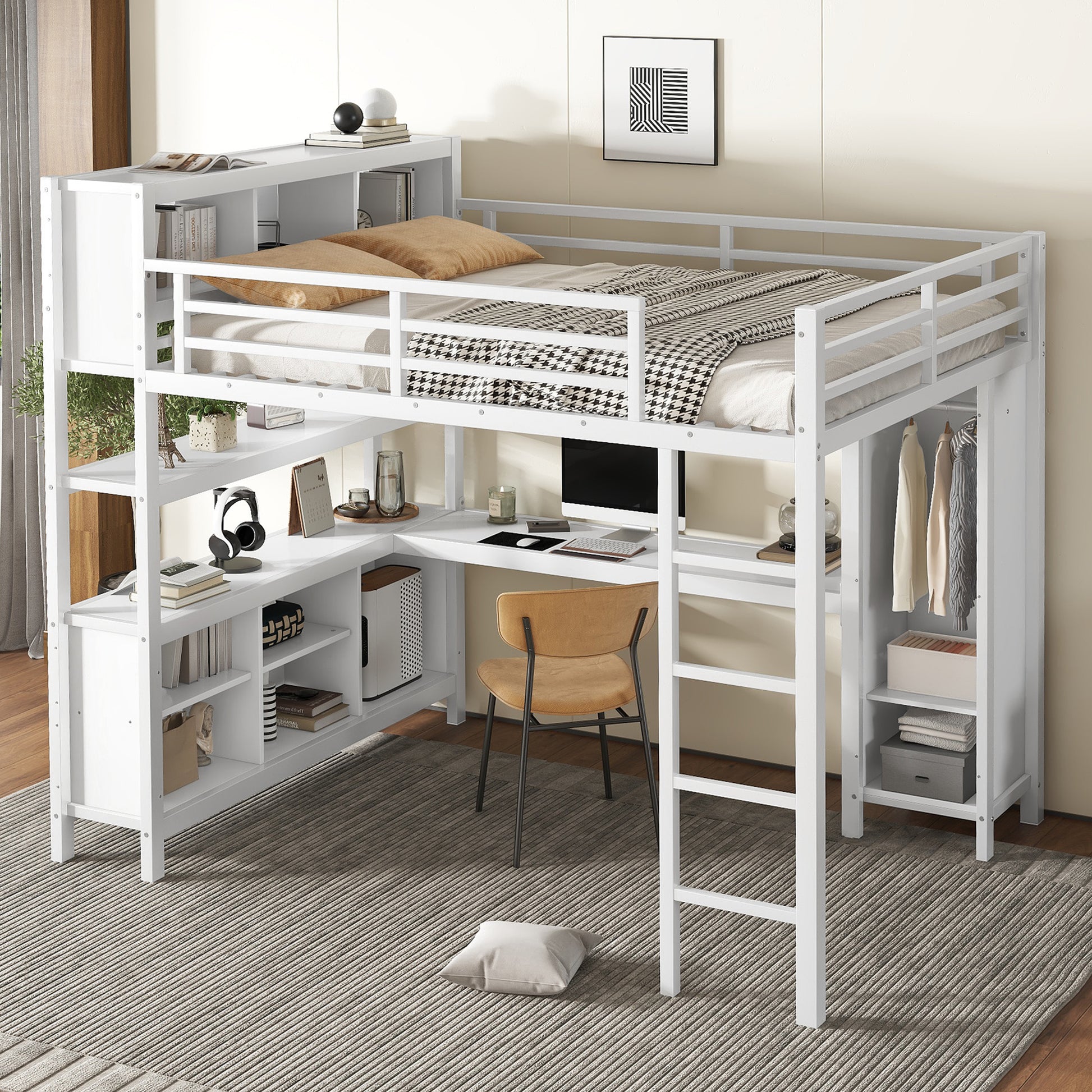 Metal Loft Bed with Wardrobe And L-shaped Desk, Queen Size Loft Bed with Storage Cubes and Shelves, Heavy Duty Loft Bed for Kids Teens Adults, White image 2