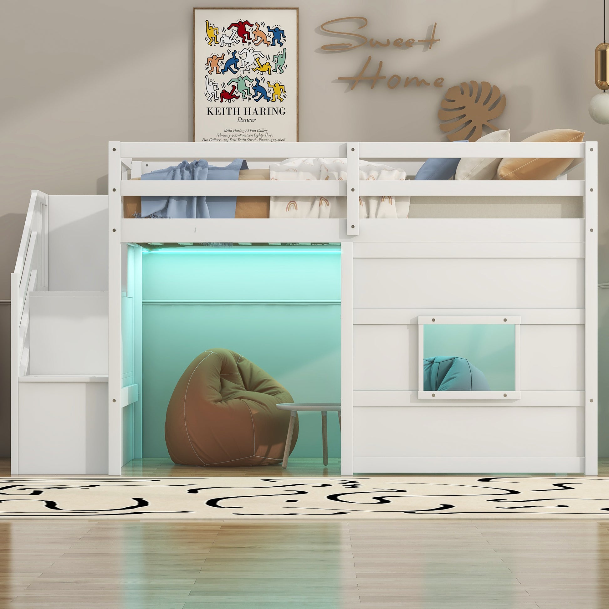 Twin Size Loft Bed with Storage Staircase and Window, With LED Light, White image 2