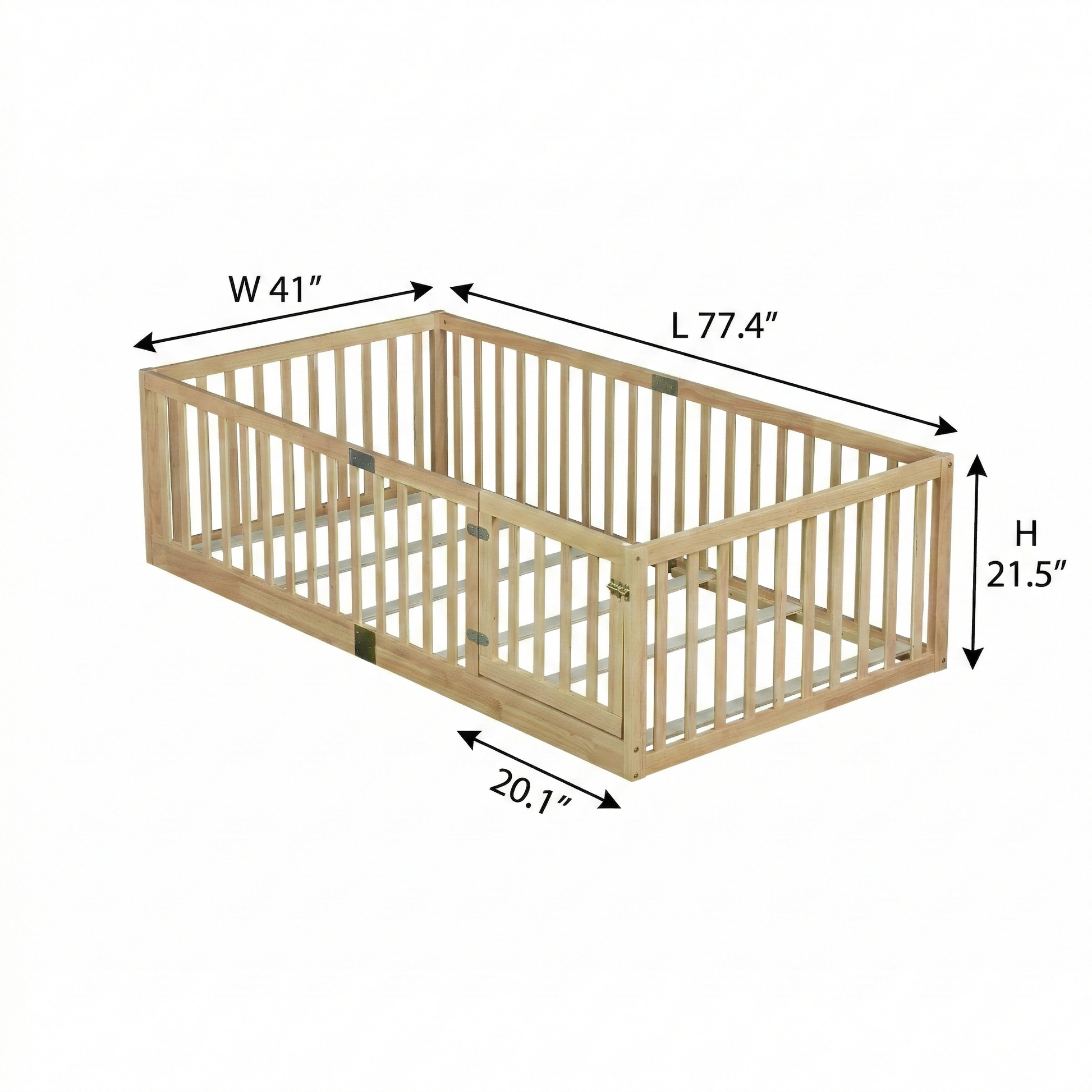 Twin Size Floor Bed with High Fence Railings, with Door, Rubber Wood Floor Bed with Safety Guardrails,Natural image 7