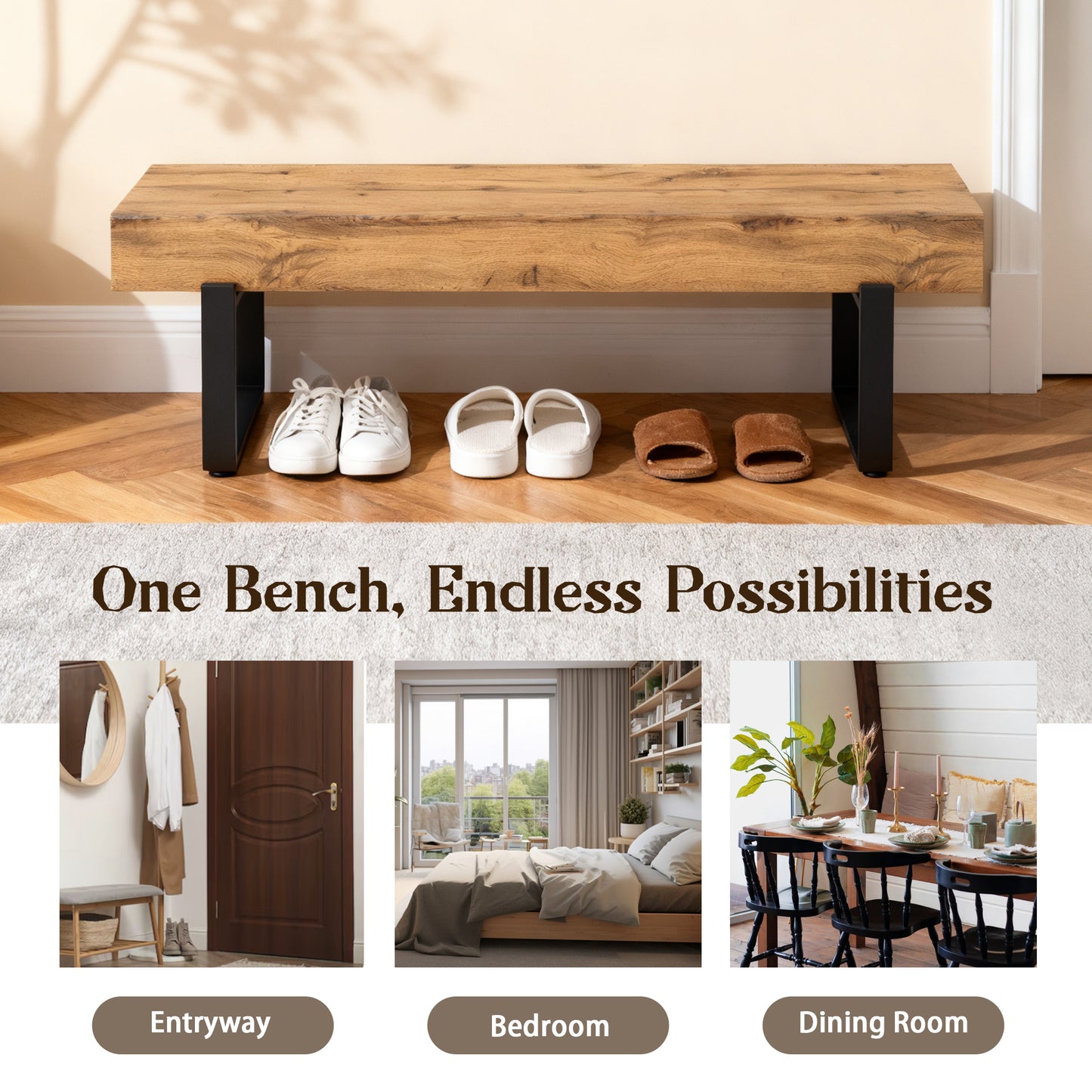 59" Wood Bench for Bedroom End of Bed, Farmhouse Indoor Kitchen Table Benches,Versatile Modern Shoe Bench for Entryway, Natural image 5