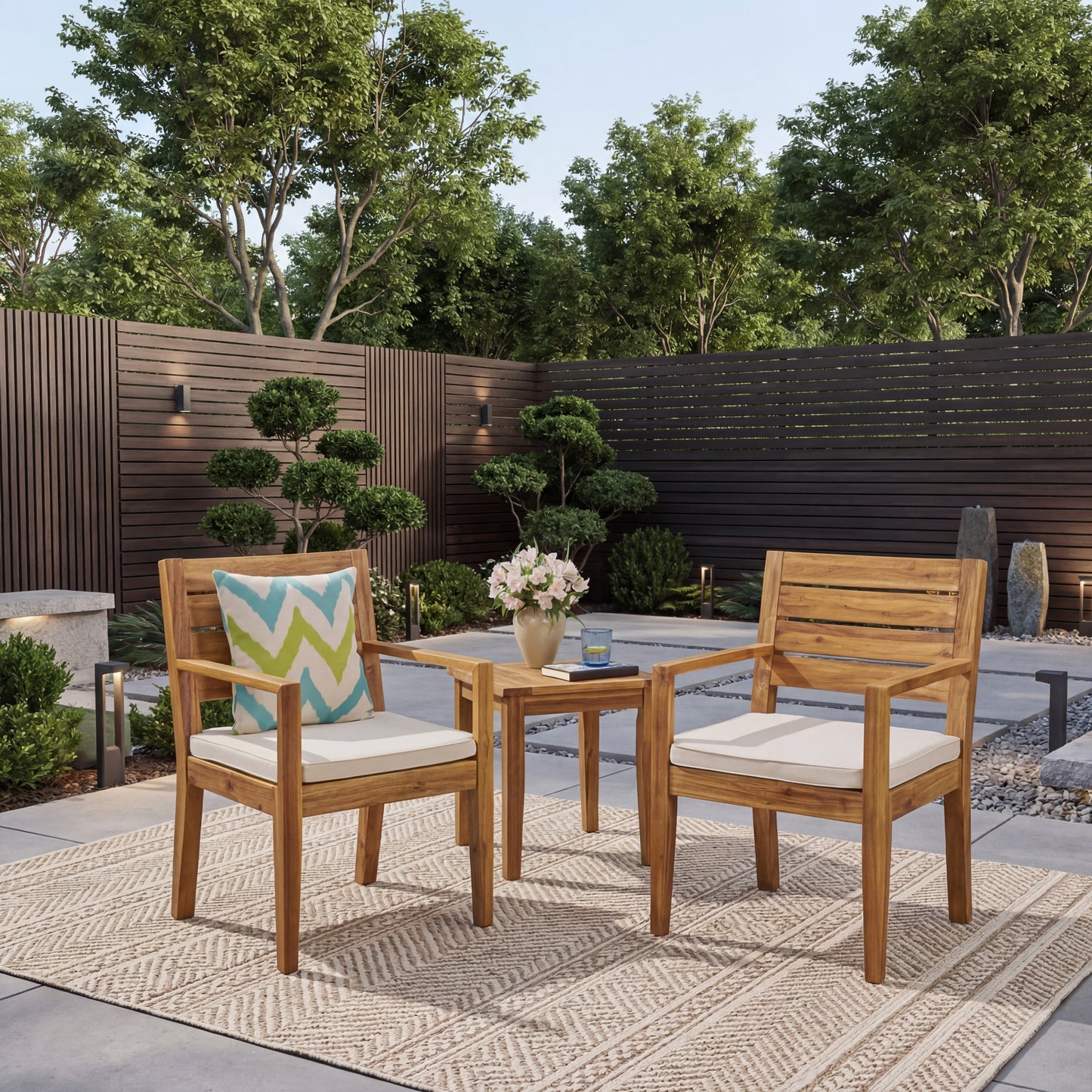 Outdoor Dining Chair Set of 2,Sandblast Natural Stained With Beige Cushion image 1