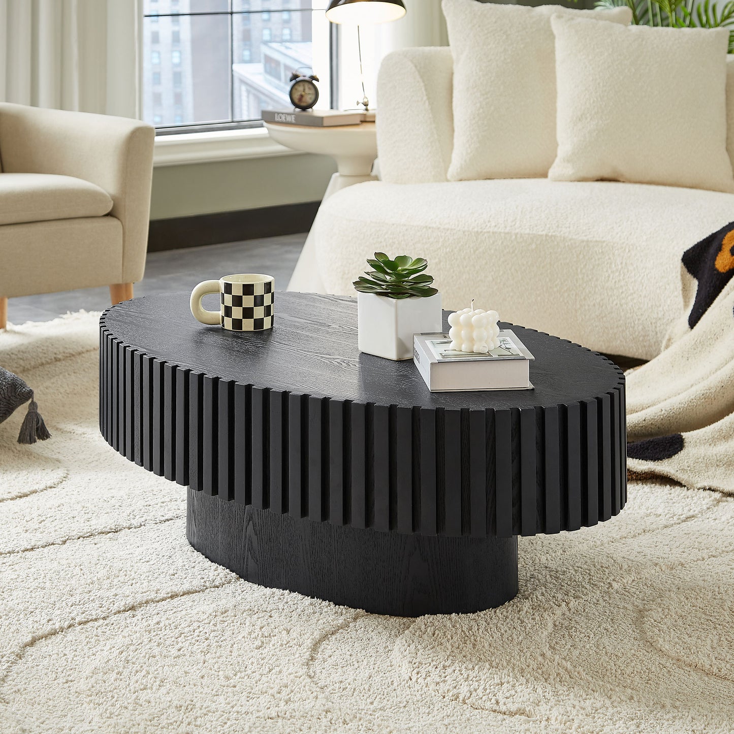 Modern Handcraft Drum Coffee Table Length 43.7 inch Ellipse Coffee Table for Living Room,Oval Small Coffee Table with Sturdy Pedestal,Black MDF image 10