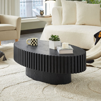 Modern Handcraft Drum Coffee Table Length 43.7 inch Ellipse Coffee Table for Living Room,Oval Small Coffee Table with Sturdy Pedestal,Black MDF image 10