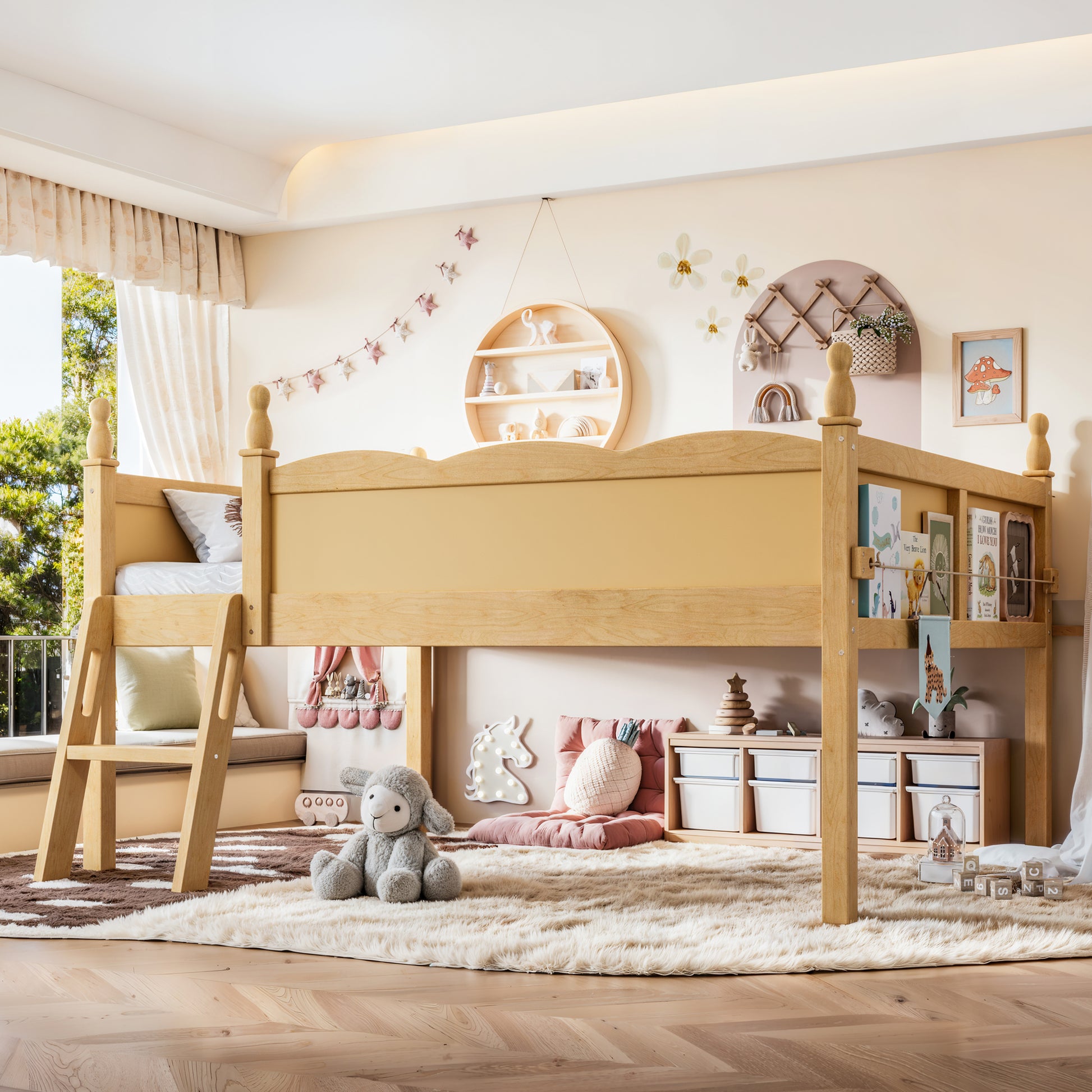 Full Size Loft Bed with Full-Length Guardrails, Solid Wood Low Loft Bed with Ladders and Beside Book Shelf, Chic Shape and Low Profile Design, Natural image 1