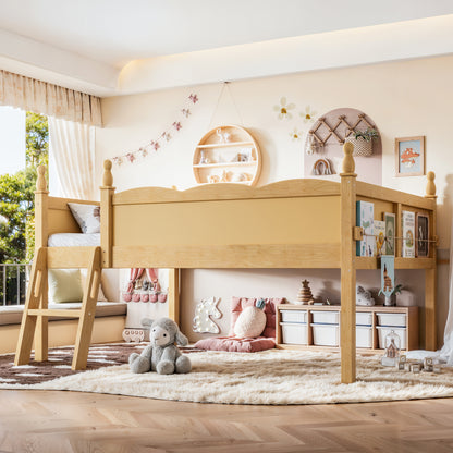 Full Size Loft Bed with Full-Length Guardrails, Solid Wood Low Loft Bed with Ladders and Beside Book Shelf, Chic Shape and Low Profile Design, Natural image 1
