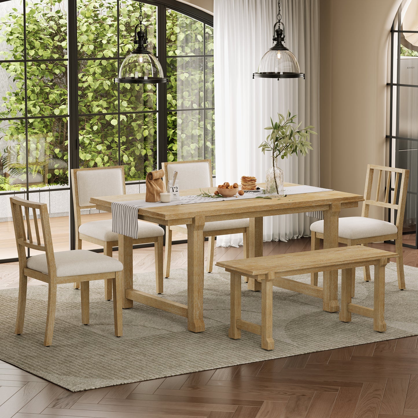 TREXM 6-Piece Farmhouse Dining Set for 6, Kitchen & Dining Room Sets with Solid Wood Legs and Frame, Ergonomic Dual-Style Chairs, Ideal for Kitchen & Dining Room (Natural Wood Wash+ Beige) image 1