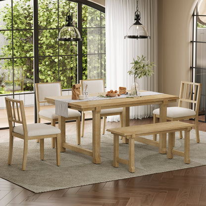 TREXM 6-Piece Farmhouse Dining Set for 6, Kitchen & Dining Room Sets with Solid Wood Legs and Frame, Ergonomic Dual-Style Chairs, Ideal for Kitchen & Dining Room (Natural Wood Wash+ Beige) image 1
