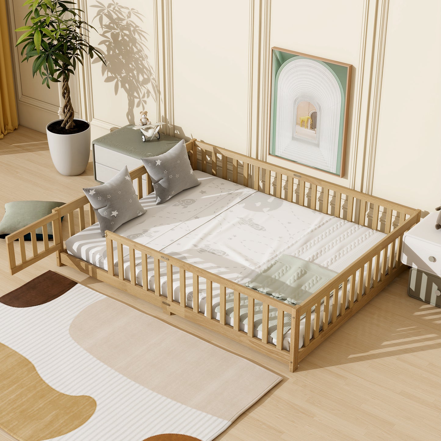 Queen Size Floor Bed with Fence,Door,Rubber Wood Floor Bed with Safety Guardrails,Natural (Old Sku W504P286389) image 1
