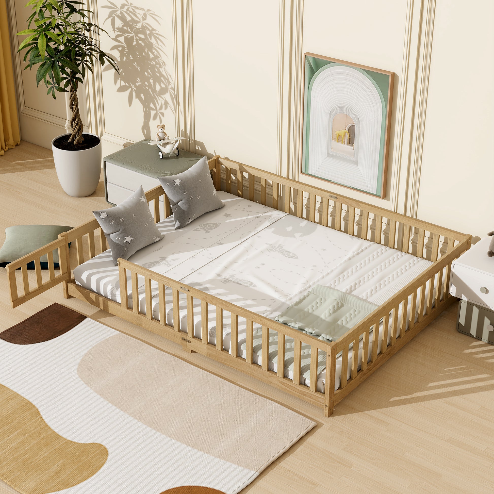 Queen Size Floor Bed with Fence,Door,Rubber Wood Floor Bed with Safety Guardrails,Natural (Old Sku W504P286389) image 1