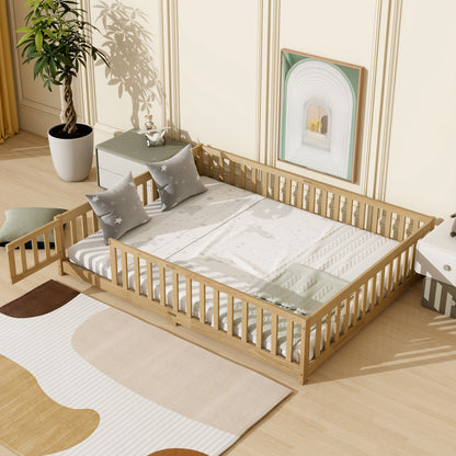 Queen Size Floor Bed with Fence,Door,Rubber Wood Floor Bed with Safety Guardrails,Natural (Old Sku W504P286389) image 1