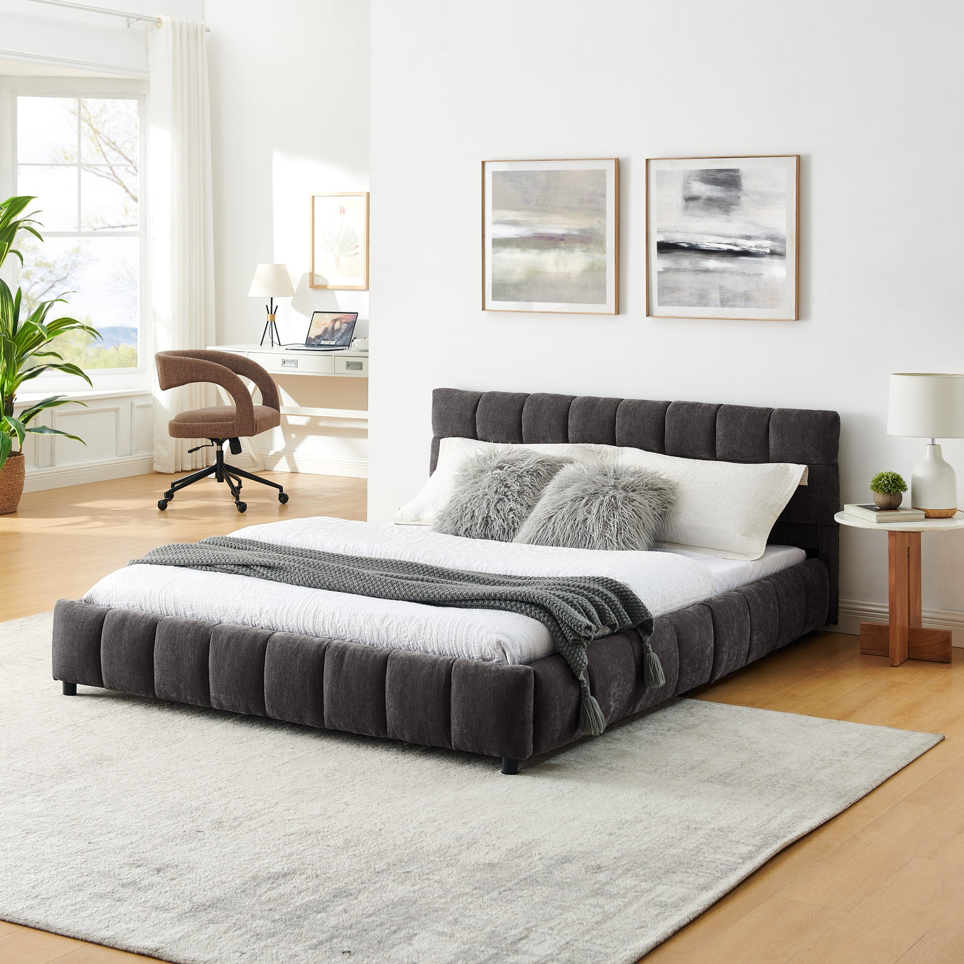 Queen Size Upholstered Bed,comfortable upholstered bed frame, Chenille fabric, with headboard and solid bed frame. With drawer for storage.-Dark Gray(88.5''*68.5''*31'') image 4