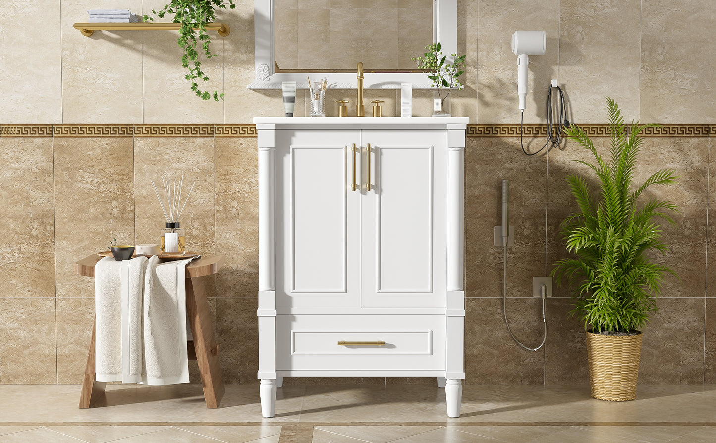 24" Modern Bathroom Vanity with Ornate Motif Design & Soft-Close Hinges, Bathroom Cabinet with Drawer and Back Open Structure, Ornately Carved French Cylinder Legs image 9