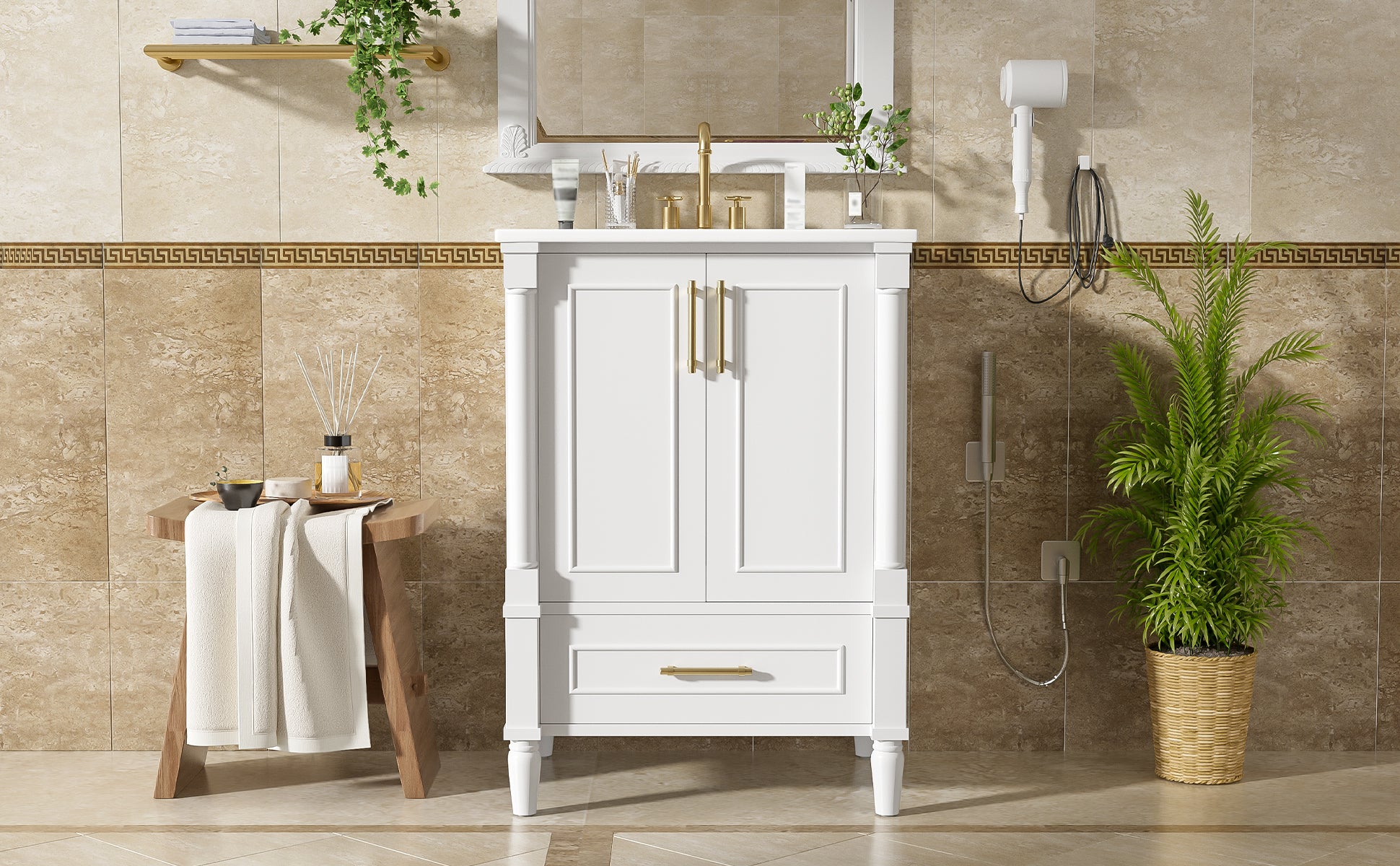 24" Modern Bathroom Vanity with Ornate Motif Design & Soft-Close Hinges, Bathroom Cabinet with Drawer and Back Open Structure, Ornately Carved French Cylinder Legs image 9