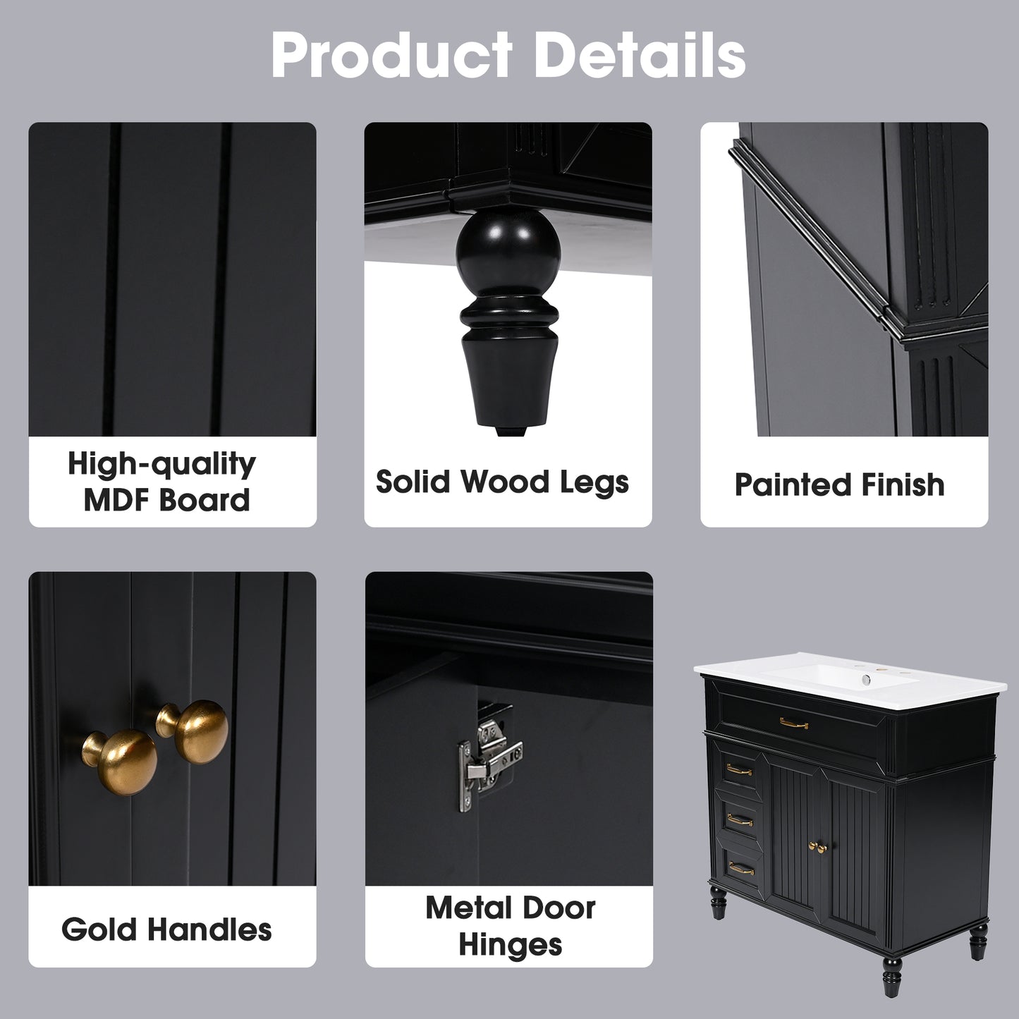 [Video] 36" Bathroom Vanity with Sink, Bathroom Cabinet with Drawers, Solid Frame and MDF Board, One Package, Black(same SKU: N725P195410B) image 6