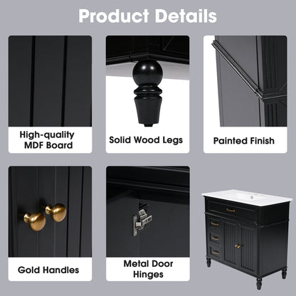 [Video] 36" Bathroom Vanity with Sink, Bathroom Cabinet with Drawers, Solid Frame and MDF Board, One Package, Black(same SKU: N725P195410B) image 6