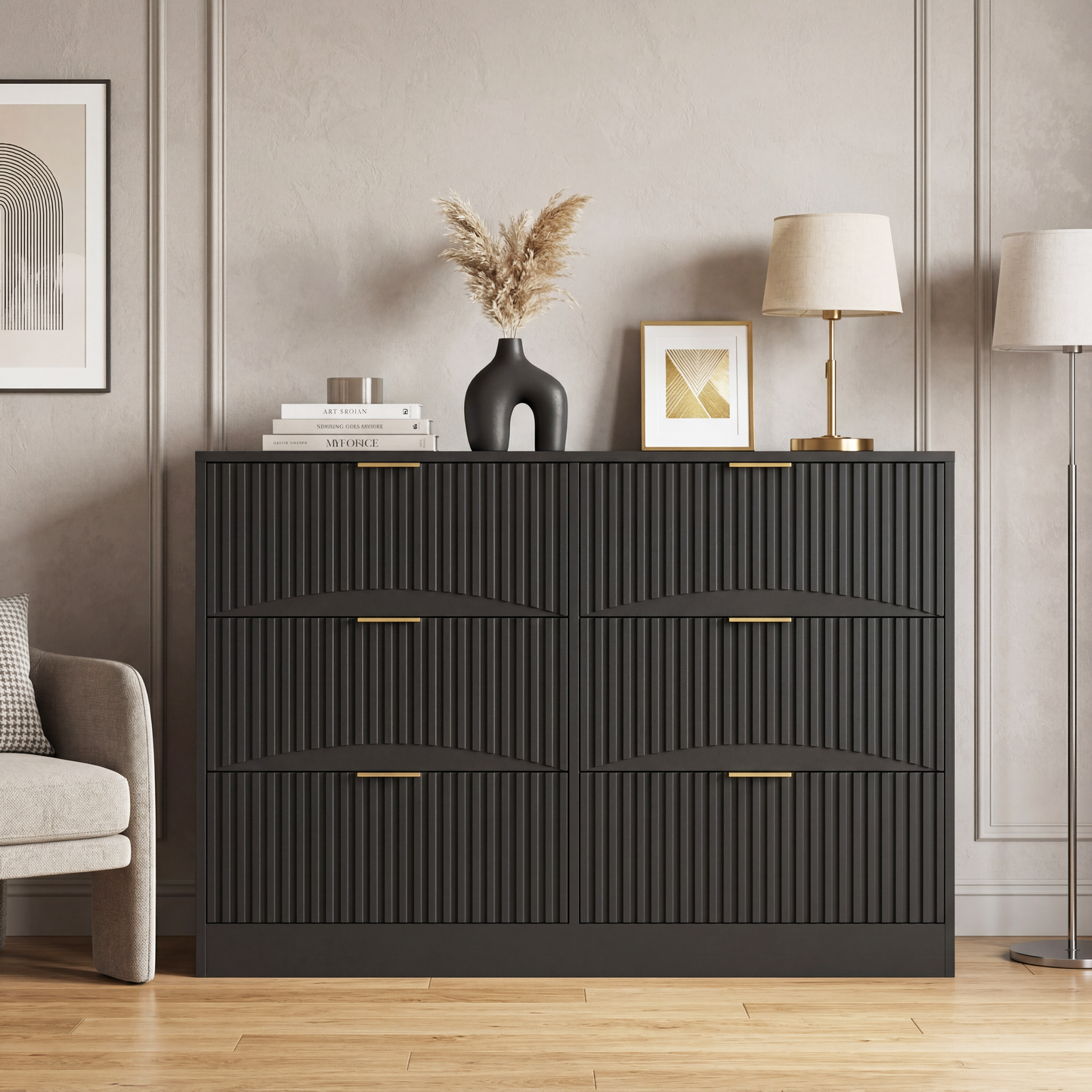 Modern 6-Drawer Dresser, Chest of Drawers for Bedroom, Living Room, Hallway, and Entryway - Large Storage Cabinet, Black,Drawer panel with wavy patterns image 1