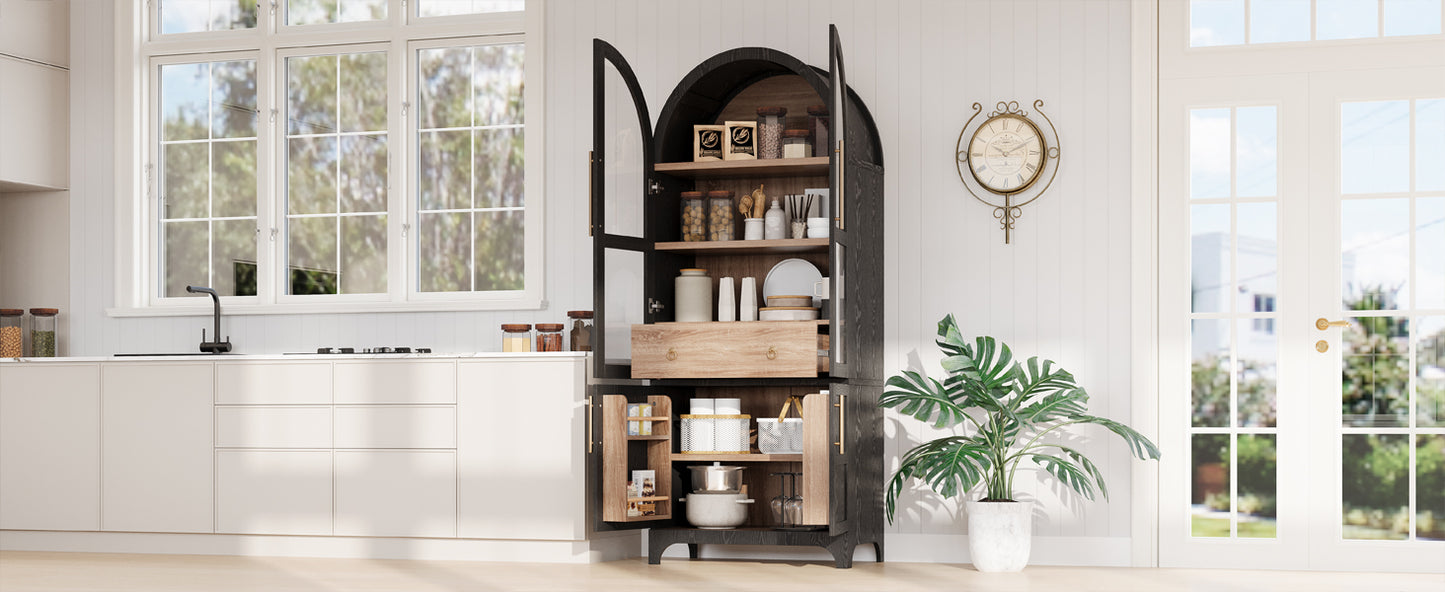 K&K 71" Tall Arched Kitchen Pantry Cabinet with Door Shelves, Farmhouse Kitchen Storage Cabinet with Open & Adjustable Shelves, Hidden Drawer & Glass Door, Cupboard for Kitchen, Dining Room, Black image 12