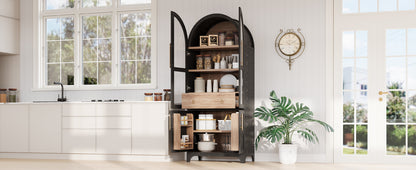 K&K 71" Tall Arched Kitchen Pantry Cabinet with Door Shelves, Farmhouse Kitchen Storage Cabinet with Open & Adjustable Shelves, Hidden Drawer & Glass Door, Cupboard for Kitchen, Dining Room, Black image 12