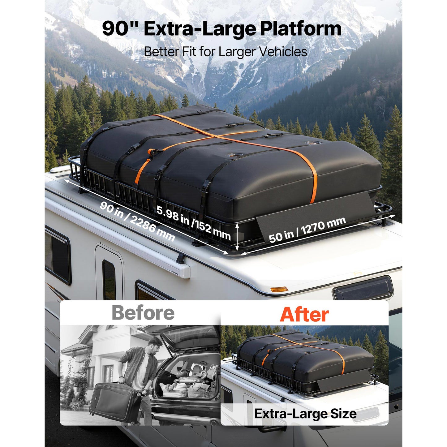 Roof Rack Cargo Basket, 90 x 50 x 6 in, Heavy Duty Roof Top Carrier Basket with Waterproof Rooftop Bag, Ratchet Straps, 250 lbs Capacity, All-Weather Car Top Luggage Holder, for SUV Truck Car image 2