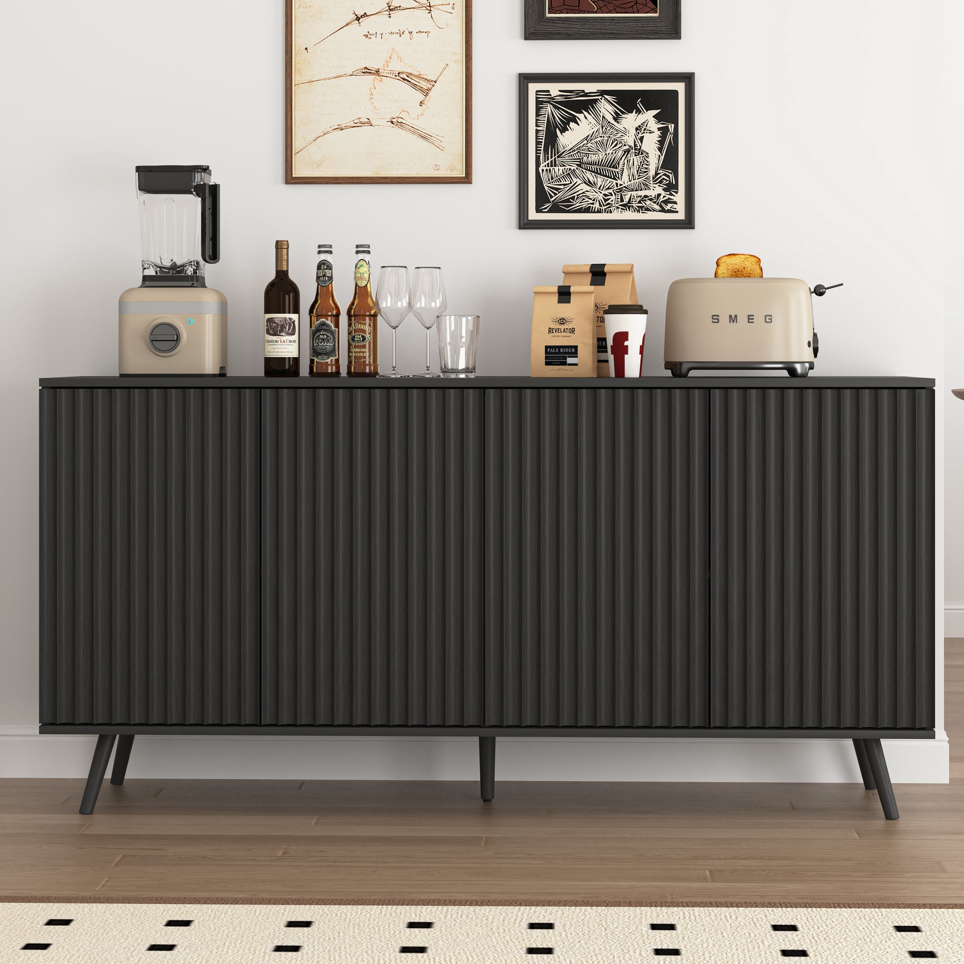 Sideboard Buffet Cabinet with Storage, Long Sideboard Storage Cabinet with 4 Doors, Wood Credenza Console Coffee Bar Cabinets with Adjustable Shelves for Living Room Kitchen Dining Room Black image 1