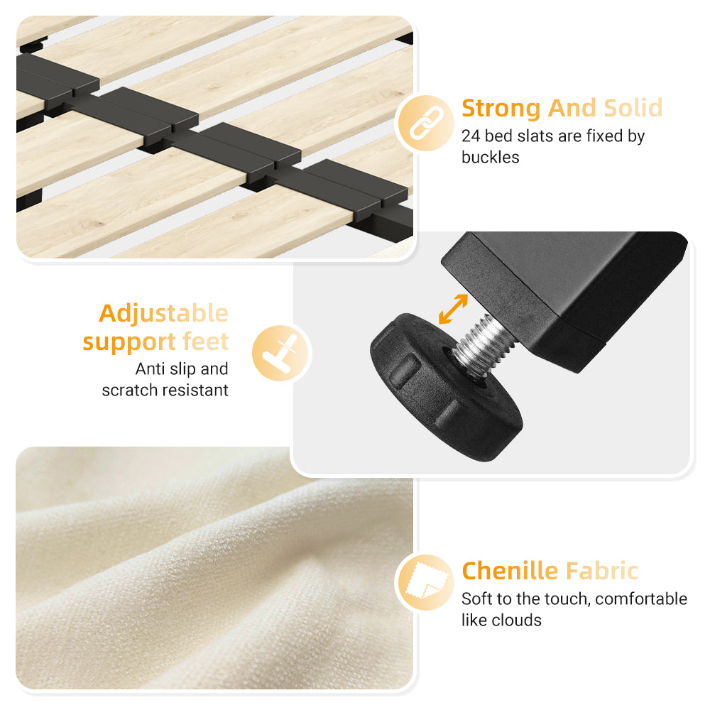 King Size Bed Frame,Tufted Headboard with Extra-Large Ultra-Soft Cloud Pillow Design,Chenille Platform Bed with Metal and Wooden Slats Double Support,Solid and Stable,Noise-Free,Beige/White image 6