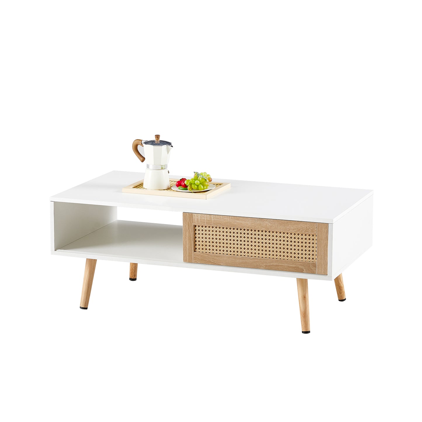 41.34" Rattan Coffee table, sliding door for storage, solid wood legs, Modern table for living room,White image 7