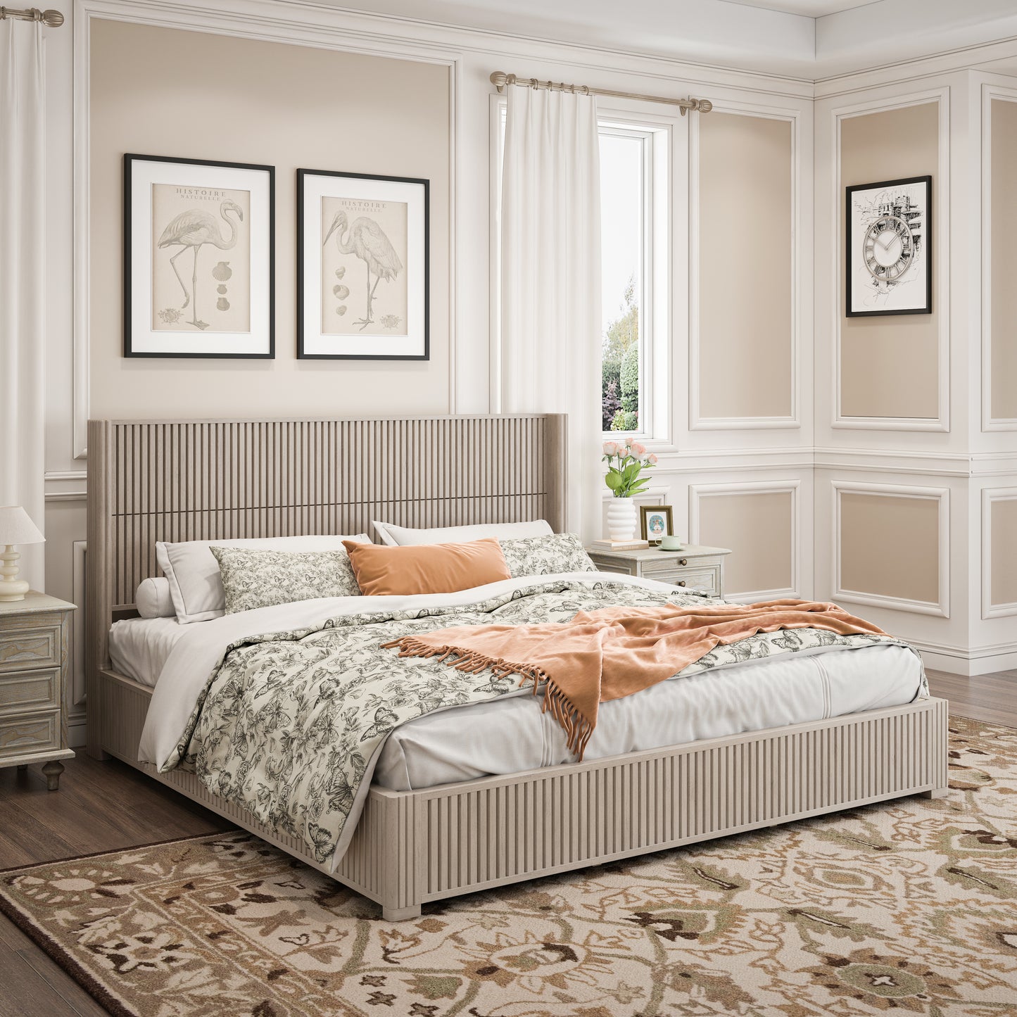 Solid Wood Platform Bed Frame with Headboard, No Box Spring Needed, Floor-standing bed, Easy Assembly, King Size,Beige image 2