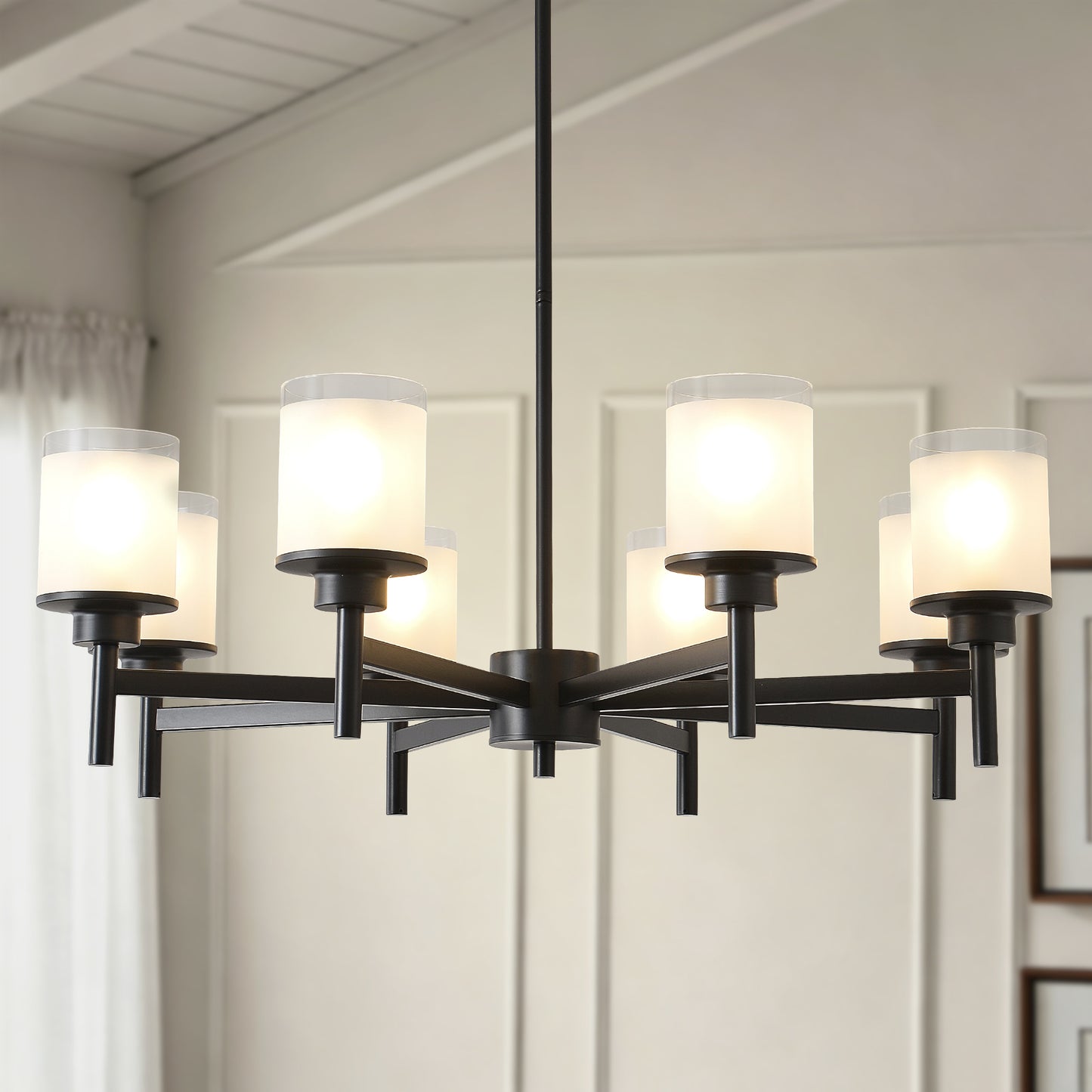 8-Light Frosted Glass Farmhouse Chandelier, Black Metal Chandeliers Light Fixtures Industrial for High Ceiling Living Dining Room Foyer. Adjustable Height--E26 (NO Included Bulb) image 1