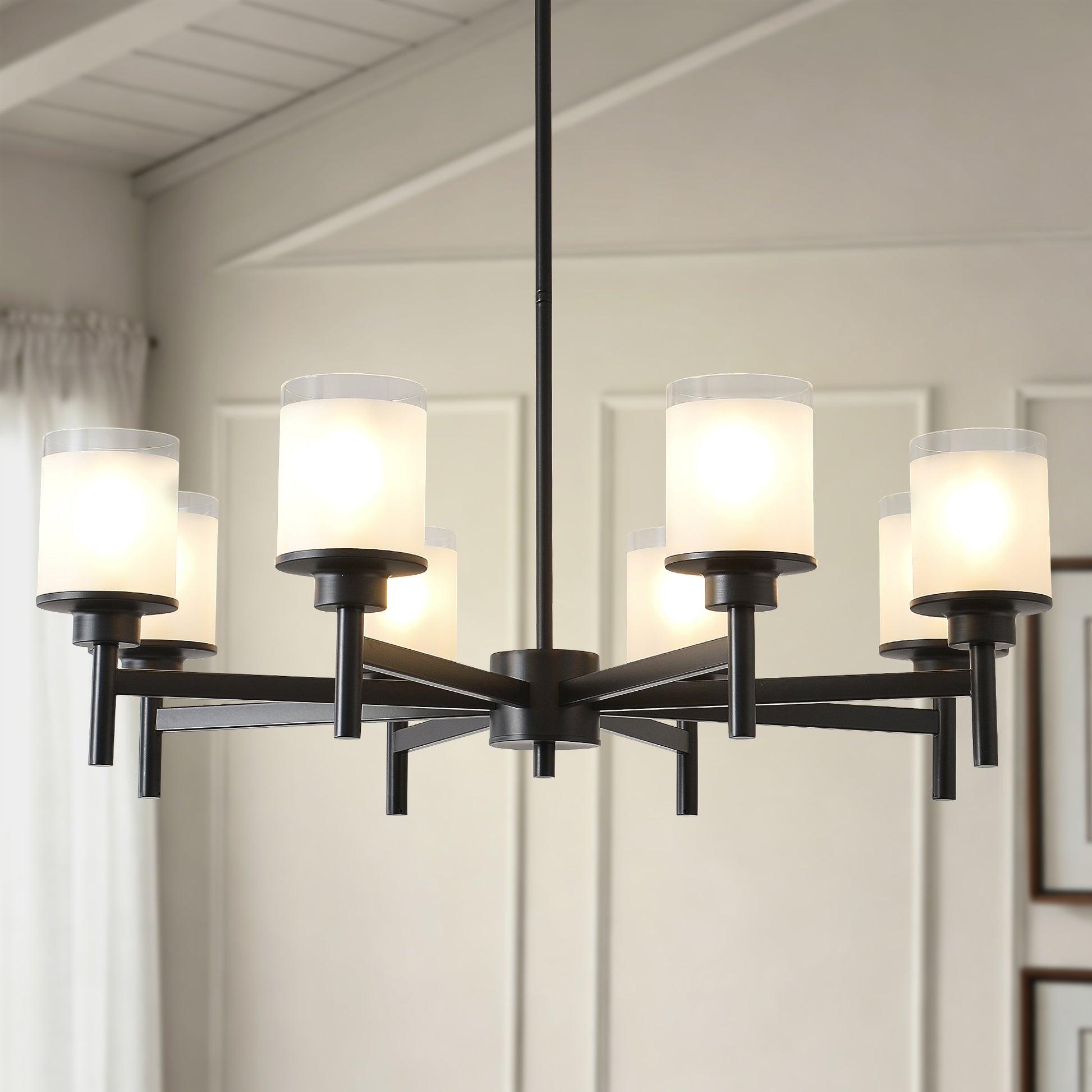 8-Light Frosted Glass Farmhouse Chandelier, Black Metal Chandeliers Light Fixtures Industrial for High Ceiling Living Dining Room Foyer. Adjustable Height--E26 (NO Included Bulb) image 1
