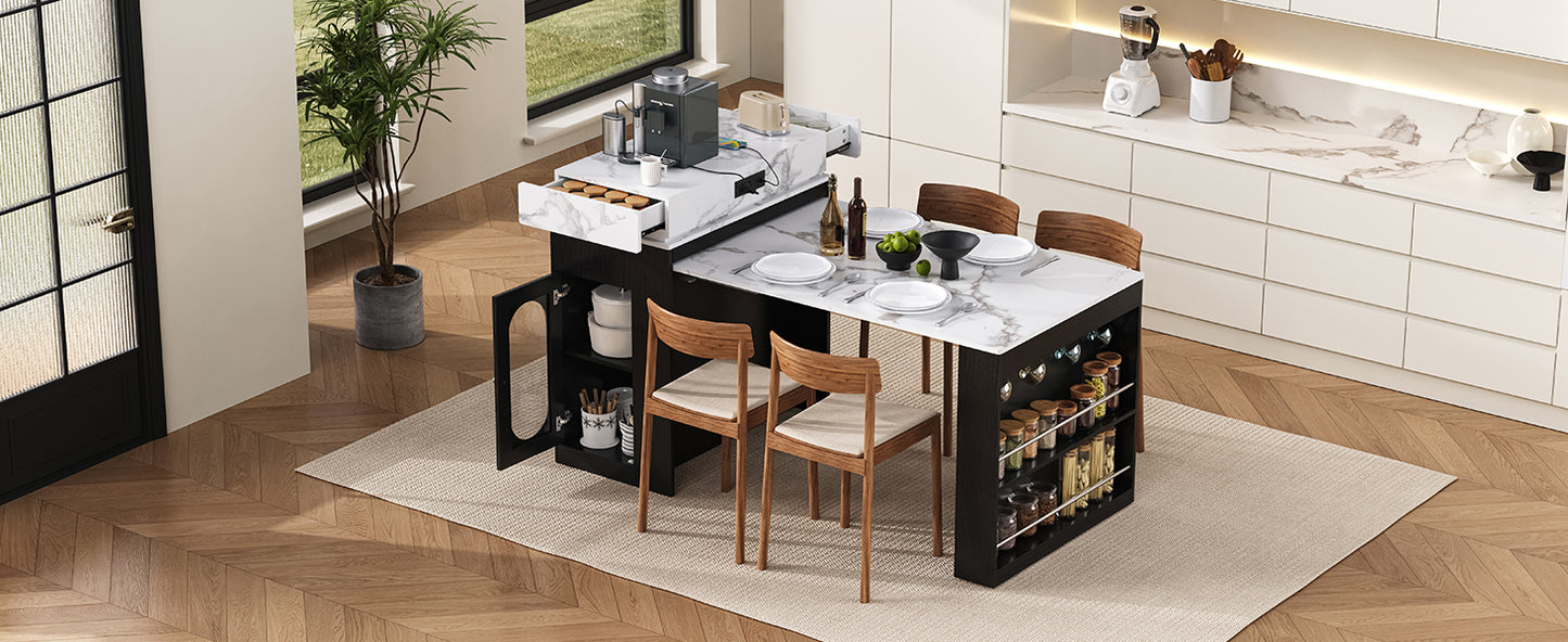 [VIDEO] TREXM Extendable Dining Table with Folding Tabletop, Bar Table with Drawers and Power Outlet, Kitchen Island with Wheels and Hooks, Sideboard for Kitchen and Dining Room (Black+Marble White) image 6