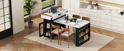 [VIDEO] TREXM Extendable Dining Table with Folding Tabletop, Bar Table with Drawers and Power Outlet, Kitchen Island with Wheels and Hooks, Sideboard for Kitchen and Dining Room (Black+Marble White) image 6