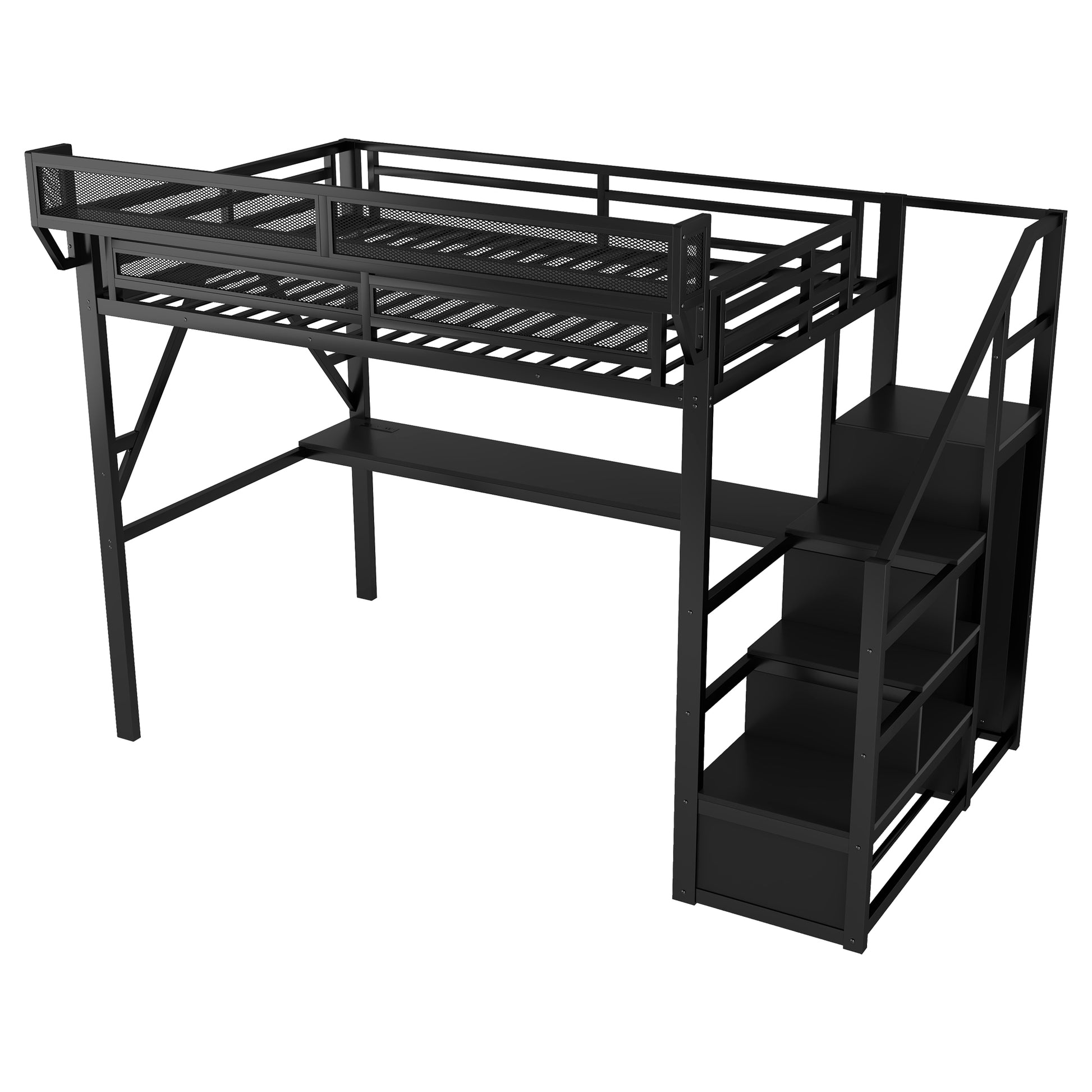 Queen Loft Bed with Desk and Charging Station, Queen Size Metal Loft Bed with Stairs and Light for Kids Teens, Black (Expect Arrival Date 2026/3/25) image 9